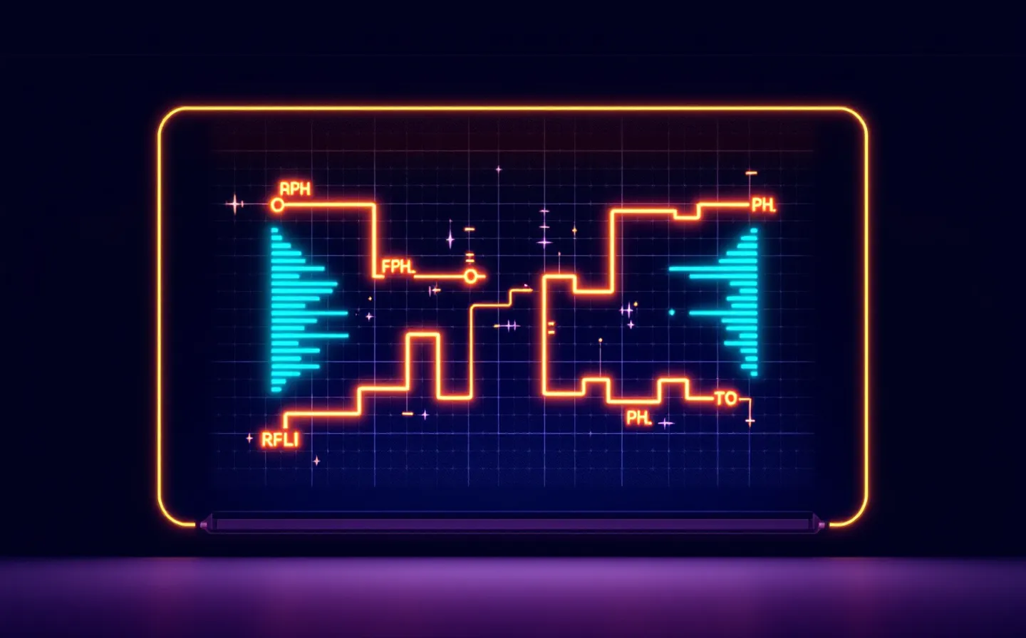 An amber-and-green cassette-terminal schematic of two peptide constituent channels converging on a single shared repair node, on a deep blue-black CRT ground with scanlines